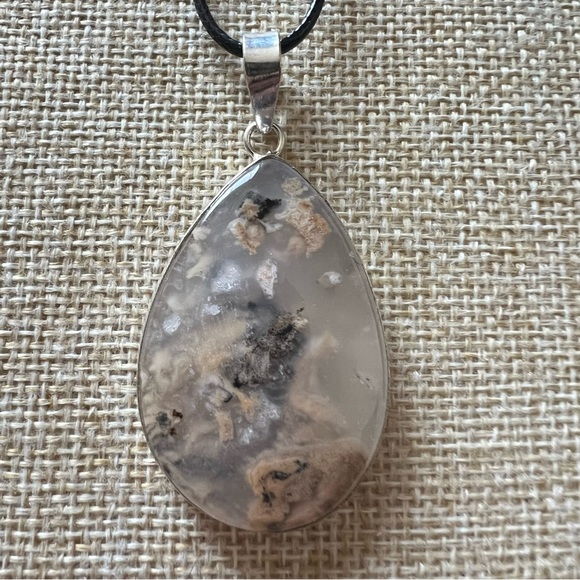 New Tiger Dendrite Dendritic Agate Stone Silver Overlay Pendant Necklace w Cord - Picture 5 of 5